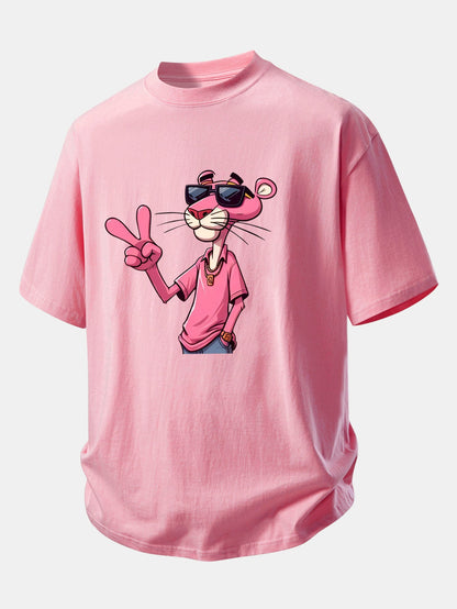 Relax Fit Pink Panther With V Sign Print Cotton T-Shirt