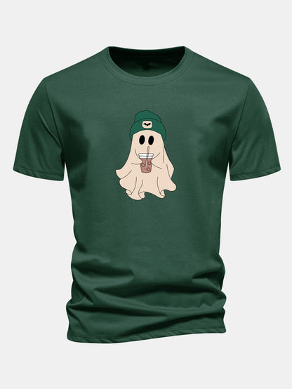 Regular Fit Darkgreen Hat Ghost Print Cotton T-Shirt
