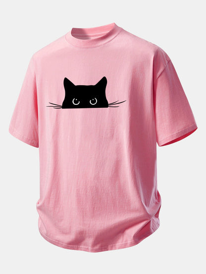 Relax Fit Black Cat Print Cotton T-Shirt