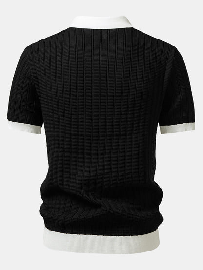Contrast Textured Johnny Collar Knit Polo & Drawstring Knitted Waffle Pants