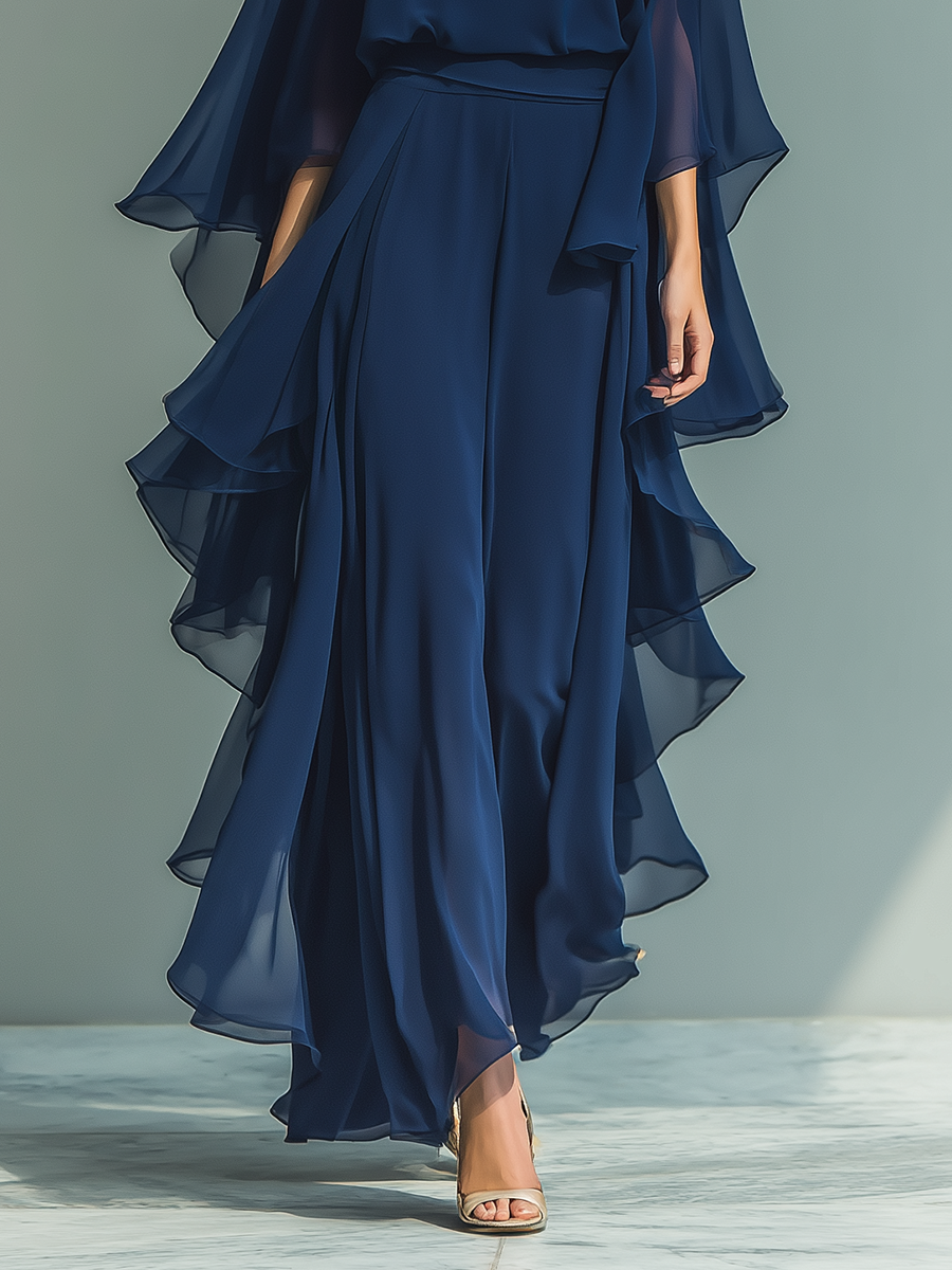 Navy Chiffon Flared Sleeve Top & Straight-Leg Trousers Set