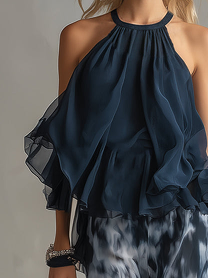 Ludovica - elegant chiffon dress with high neck top and wide printed trousers