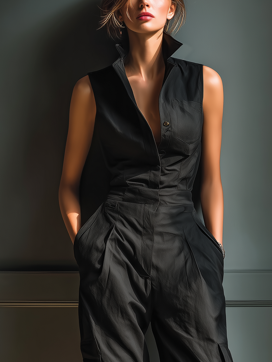 Cotton-Linen Collared Cargo Jumpsuit