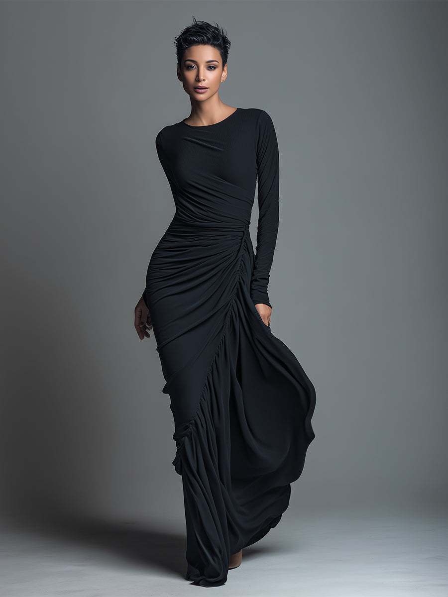 Black Jersey Knit Ruched Maxi Dress