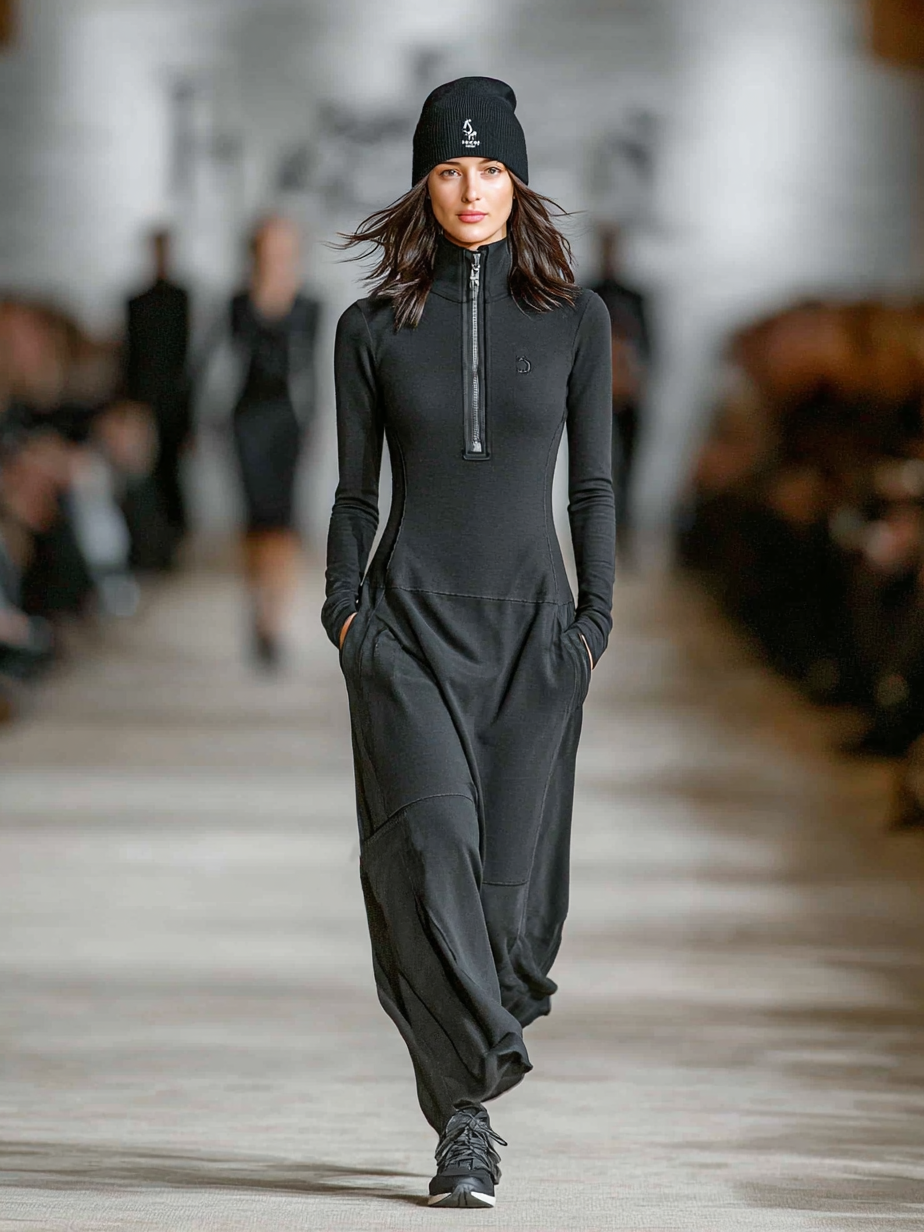 Sports Cotton Half-High Collar Zip Maxi Dress