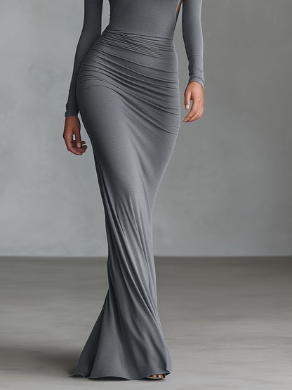 Women's Grey Ruched Open-Back Maxi Dress