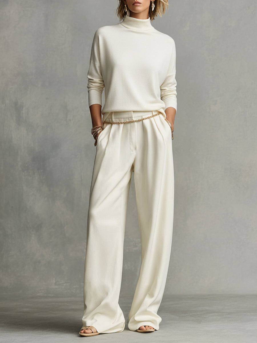 Women’s Cream Knit Top & Wide-Leg Pants Set