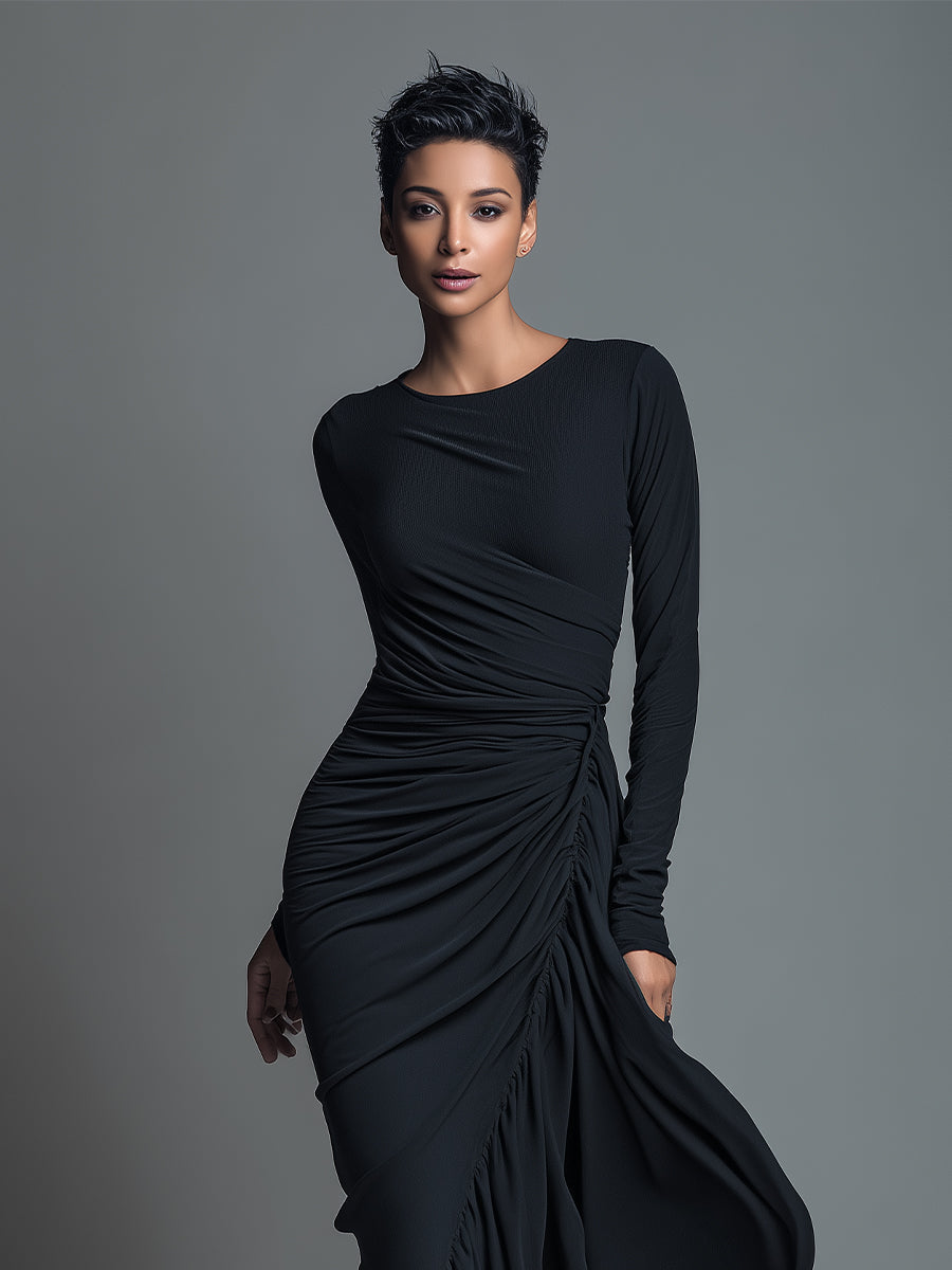 Black Jersey Knit Ruched Maxi Dress