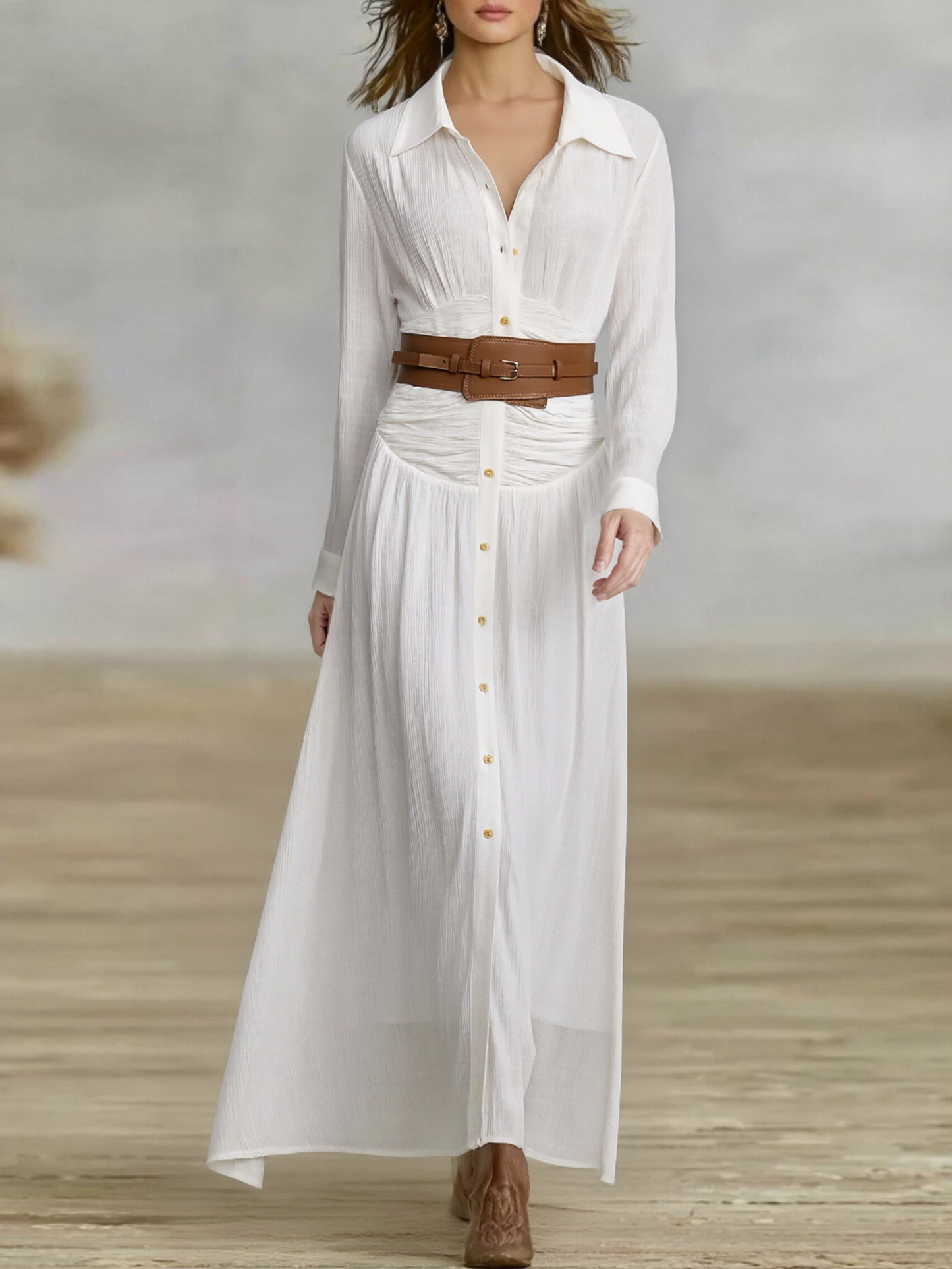 Cotton Linen Pleated Lapel Maxi Dress