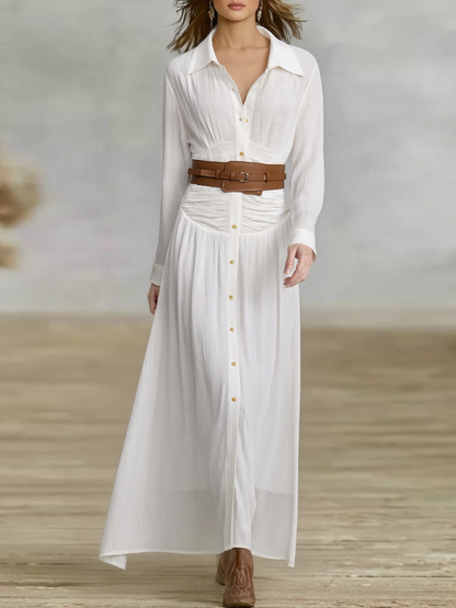 Cotton Linen Pleated Lapel Maxi Dress