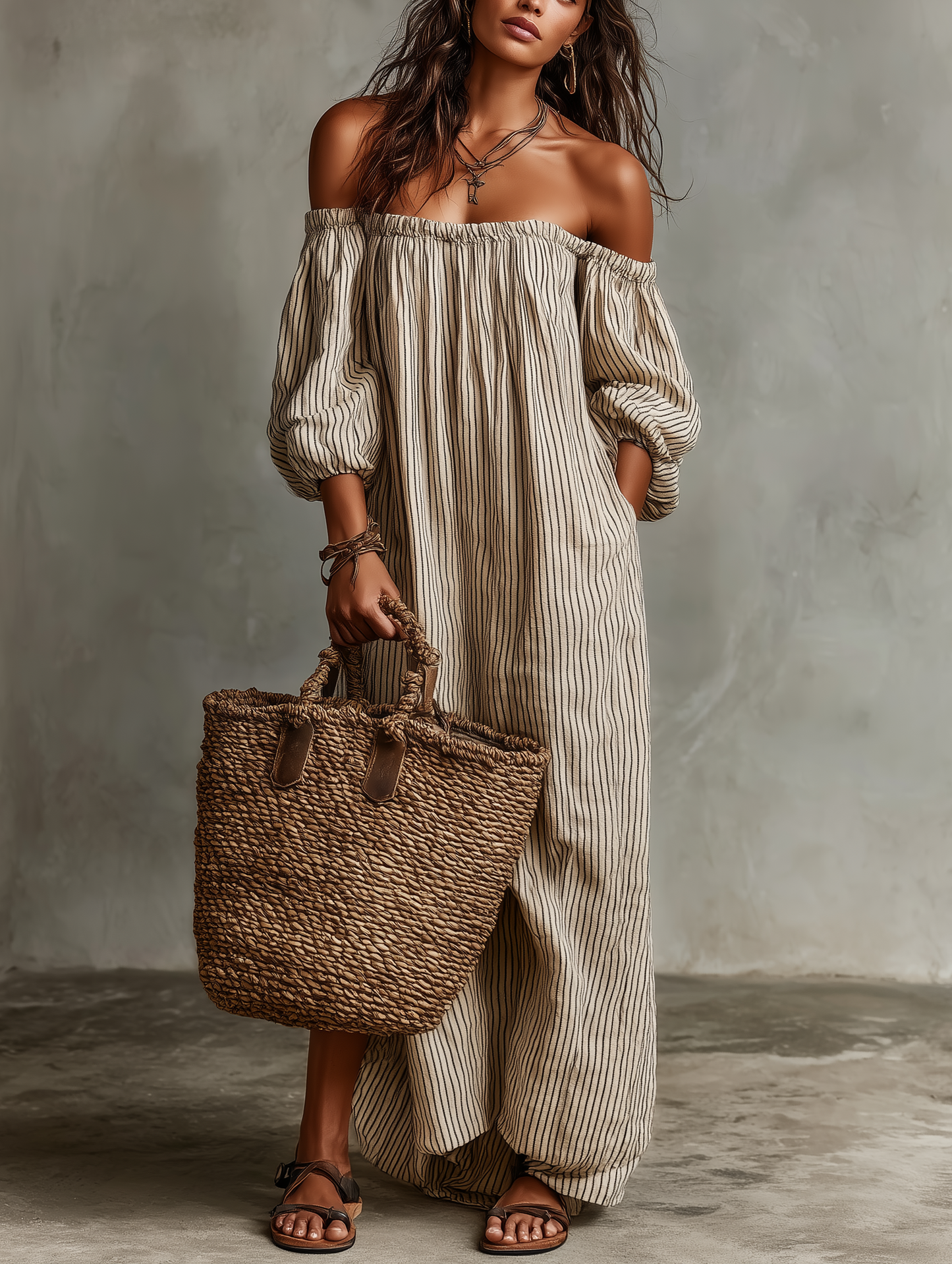 Cotton-Linen Off-Shoulder Long Sleeve Maxi Dress