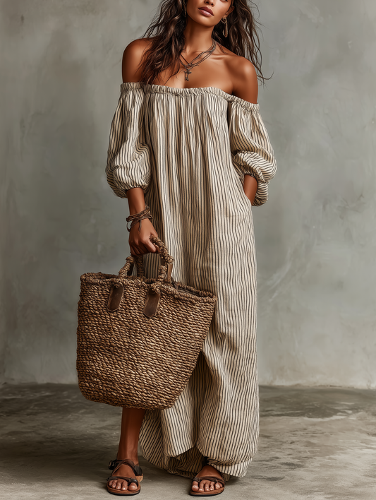 Cotton-Linen Off-Shoulder Long Sleeve Maxi Dress