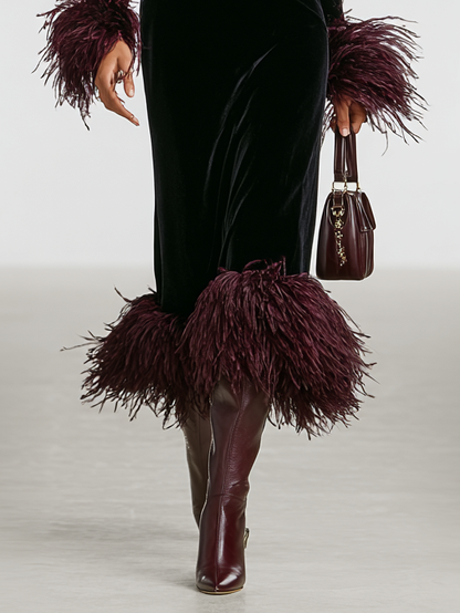 Velvet Patchwork Feather Cuff & Hem Maxi Dress