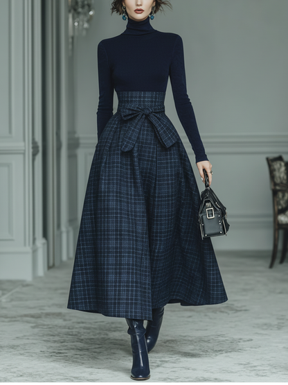 Dark Blue High Elastic Knit & Plaid Wool Skirt Set