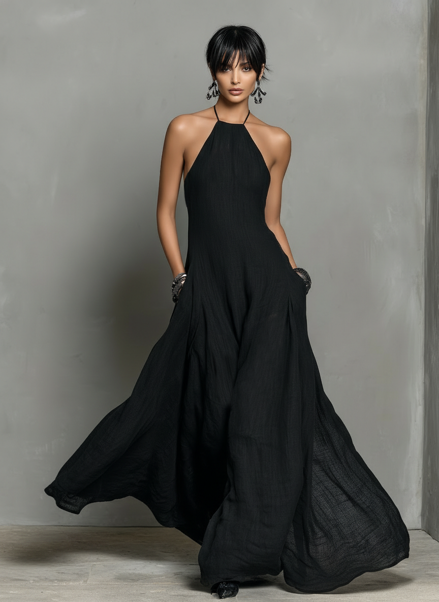 Linen Blend Halter Neck Sleeveless Maxi Dress