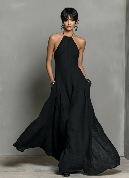 Linen Blend Halter Neck Sleeveless Maxi Dress