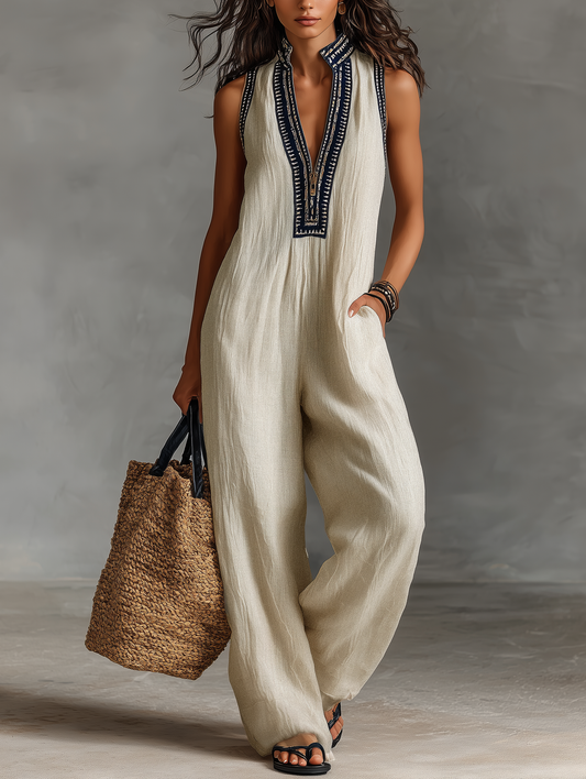 Linen Blend Embroidered Stand Collar Jumpsuit
