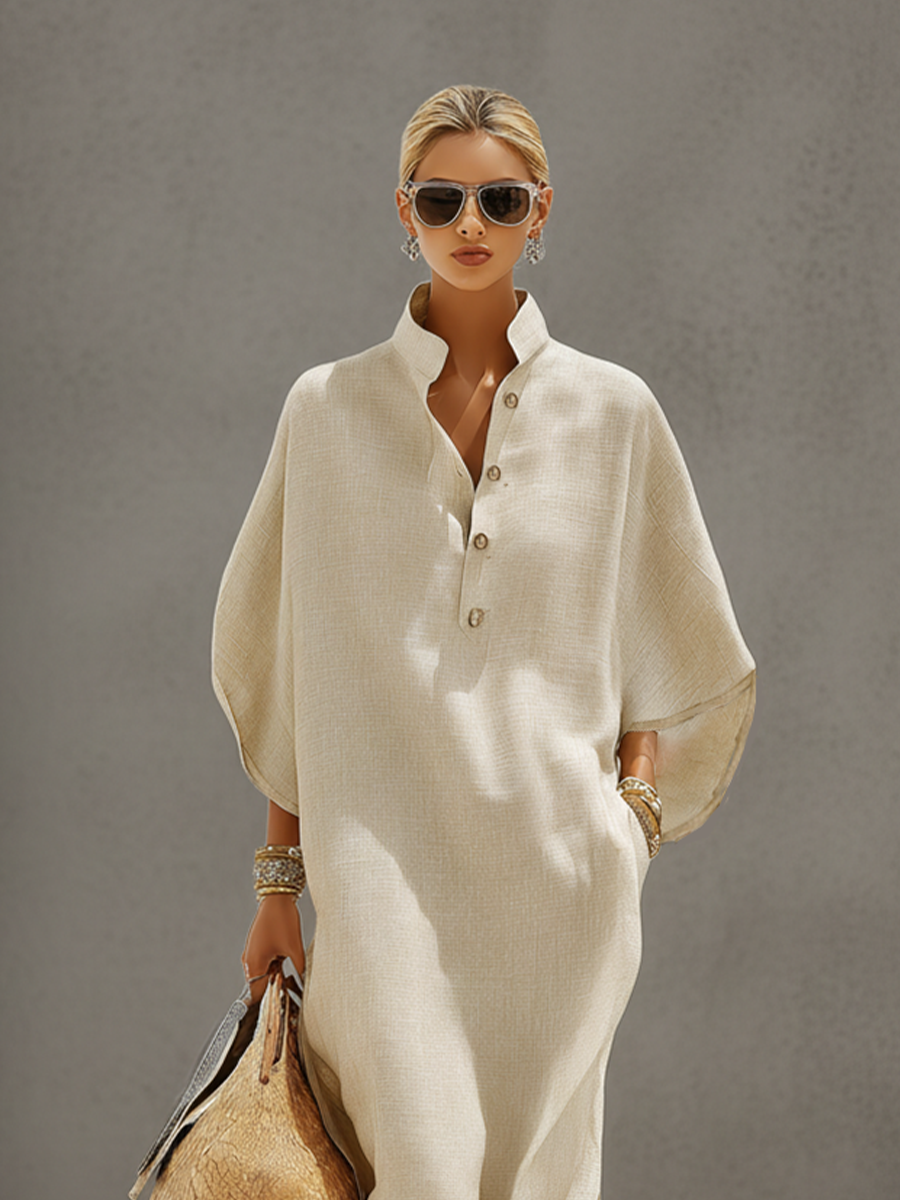 Oatmeal Linen Mandarin Collar Dolman Sleeve Dress