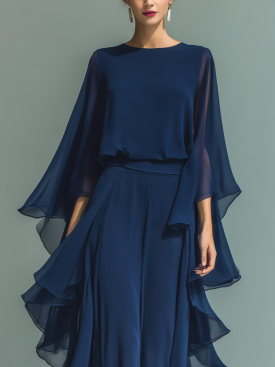 Navy Chiffon Flared Sleeve Top & Straight-Leg Trousers Set