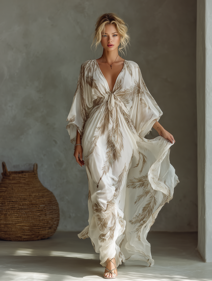 Ivory & Taupe Chiffon Palm Leaf Print Dolman Sleeve Maxi Dress