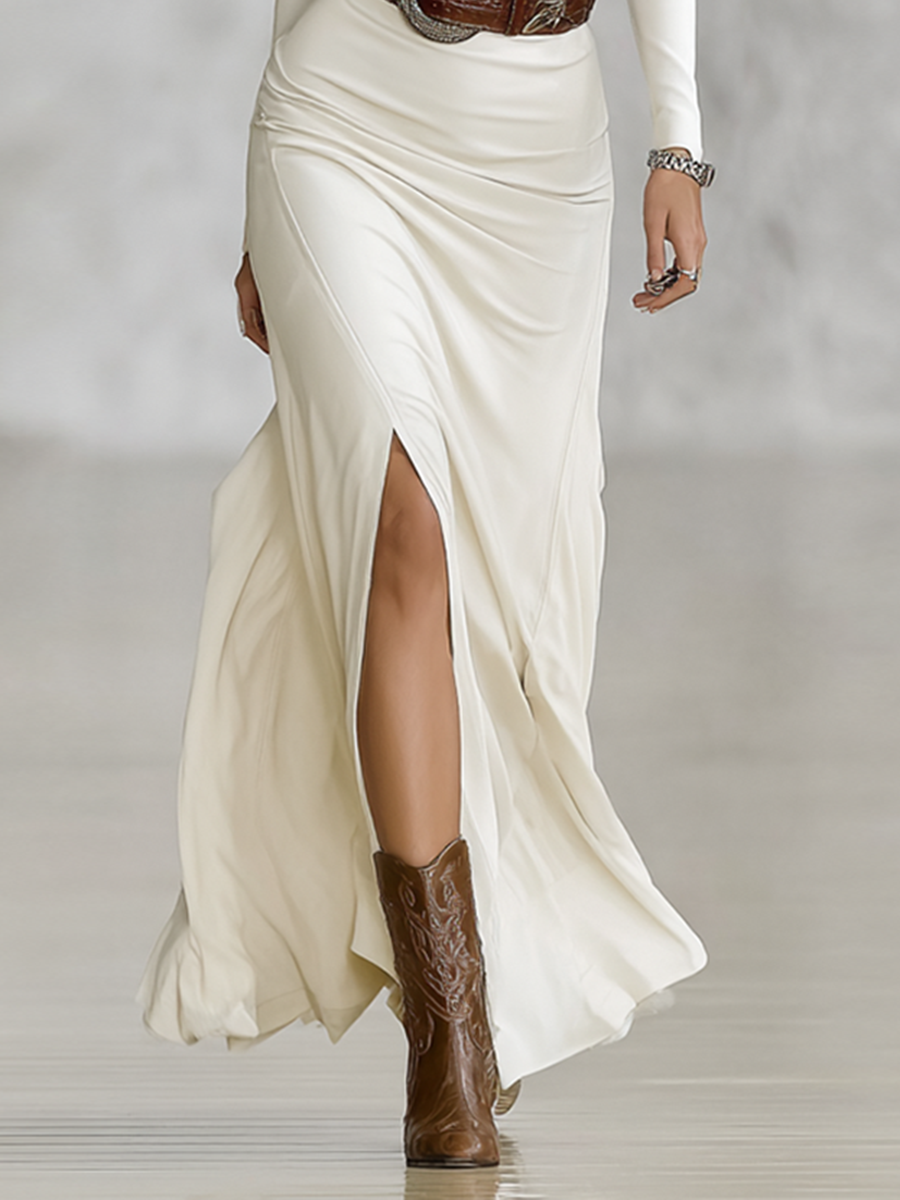 Lapel Long Sleeve Cinched Waist Maxi Dress