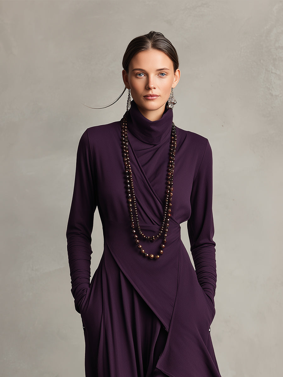 Purple Boho Cotton Turtleneck Asymmetric Draped Maxi Dress