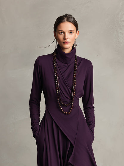 Purple Boho Cotton Turtleneck Asymmetric Draped Maxi Dress