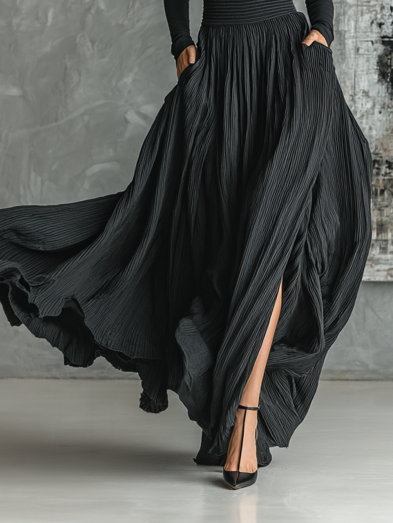 Black Skinny Turtleneck Top & Pleated Skirt Set