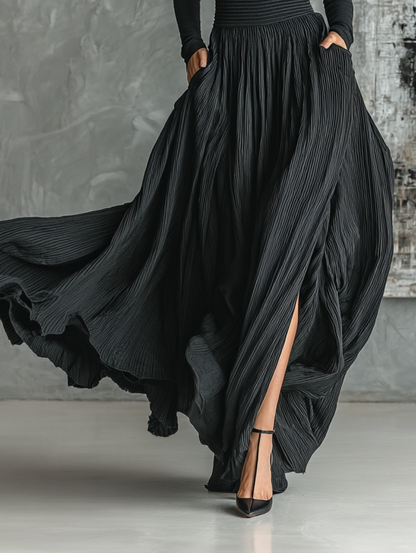 Black Skinny Turtleneck Top & Pleated Skirt Set