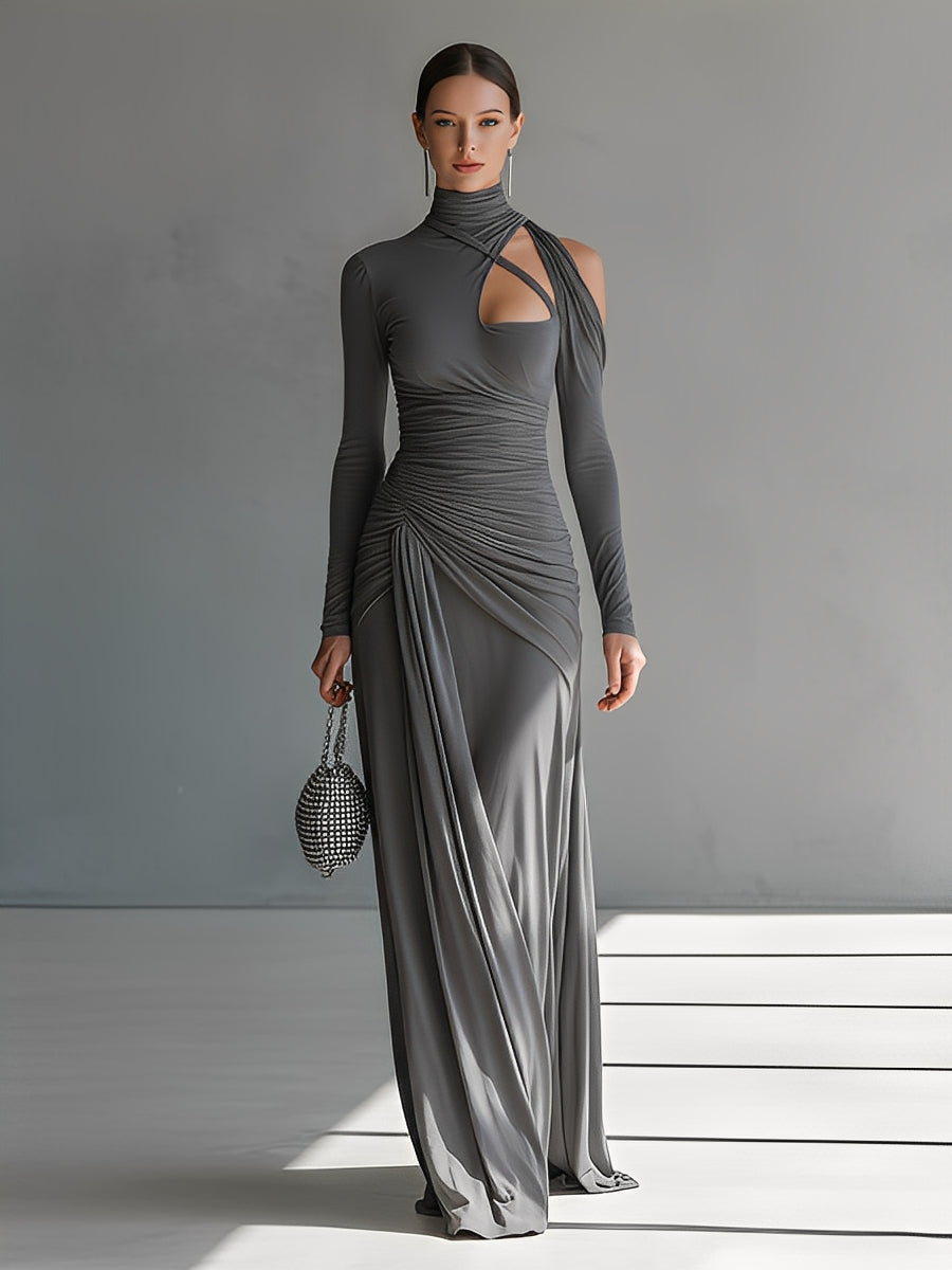 Grey Silky Ruched Cut-Out Maxi Dress