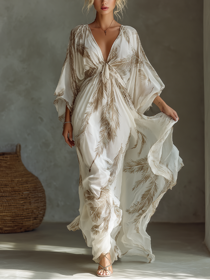 Ivory & Taupe Chiffon Palm Leaf Print Dolman Sleeve Maxi Dress