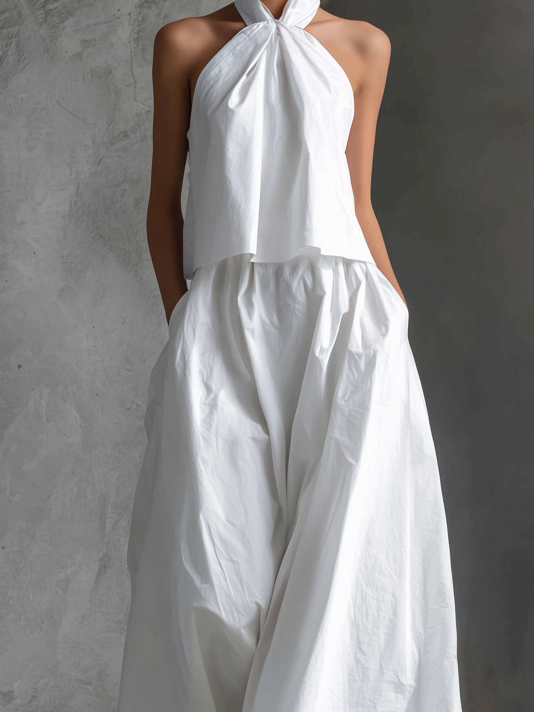 White Cotton-Linen Halter-Neck Top & Skirt Set