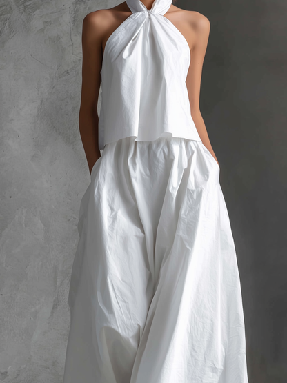White Cotton-Linen Halter-Neck Top & Skirt Set
