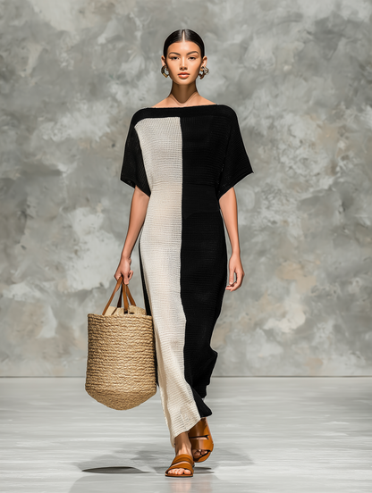 Knitted Boat Neck Short Sleeve Maxi Dress