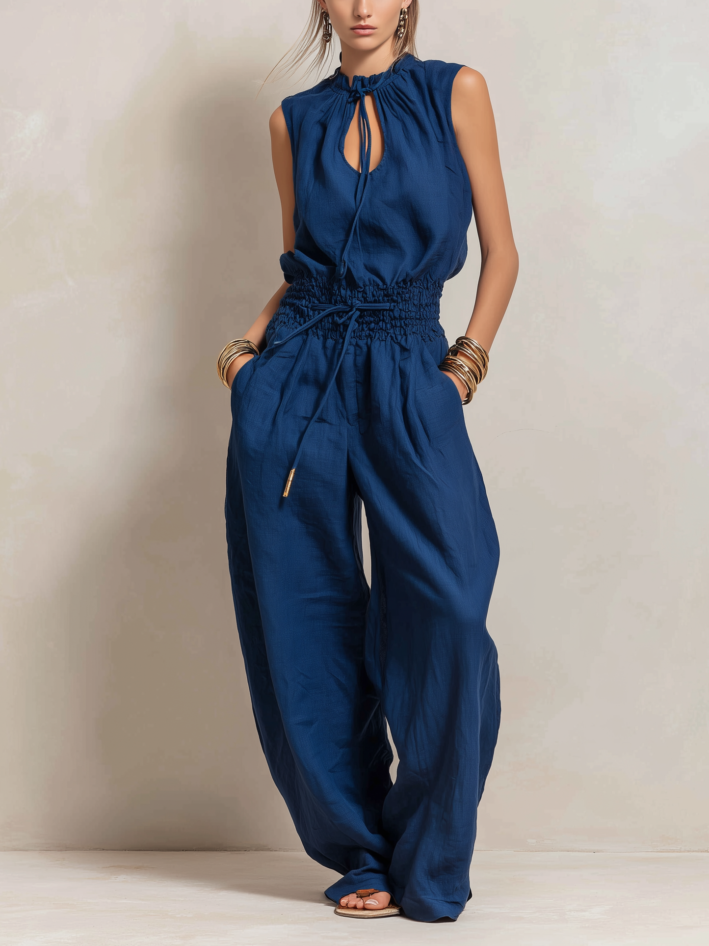 Cotton Linen Round Neck Sleeveless Jumpsuit