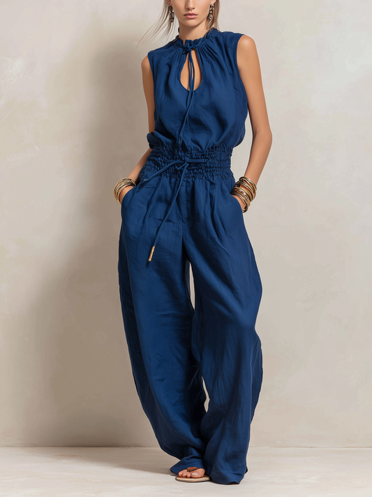Cotton Linen Round Neck Sleeveless Jumpsuit