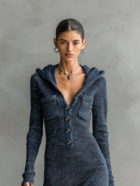 Slim Fit Hooded Knit Maxi Dress