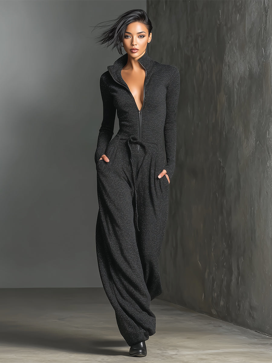 Knit Sparkling Zipper Front Jumpsuit