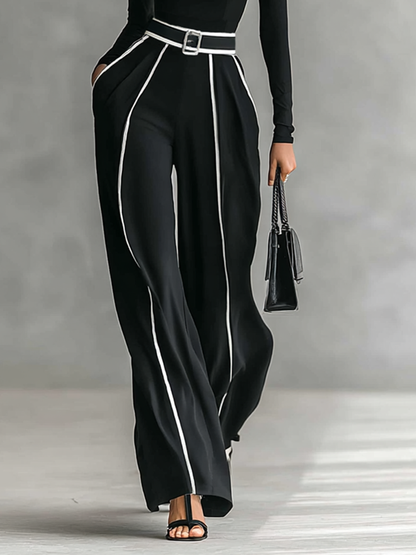 White Trim Turtleneck Long Sleeve Top & Wide-Leg Pants Set