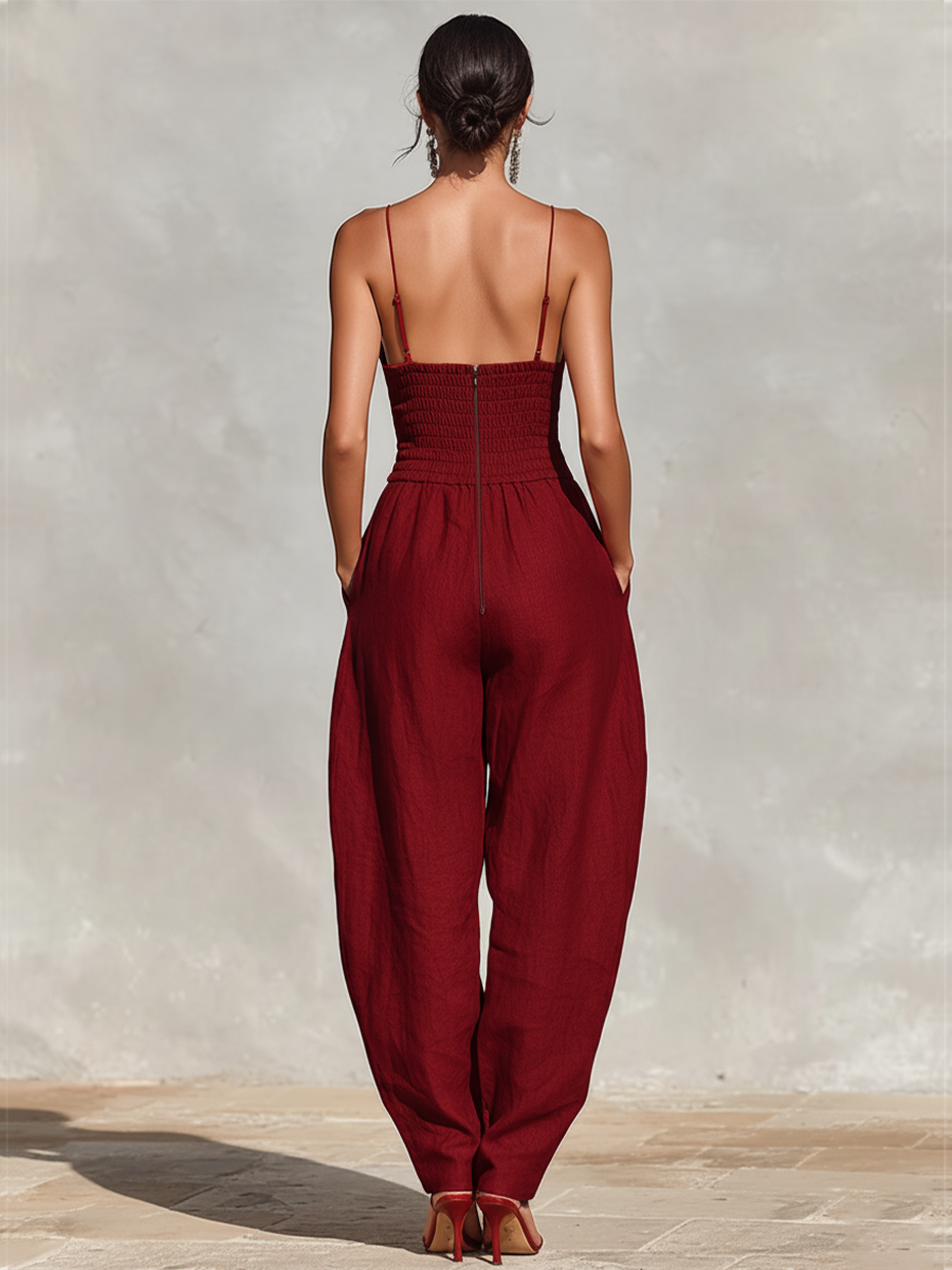 Red Linen Spaghetti Strap High-Waist Jumpsuit
