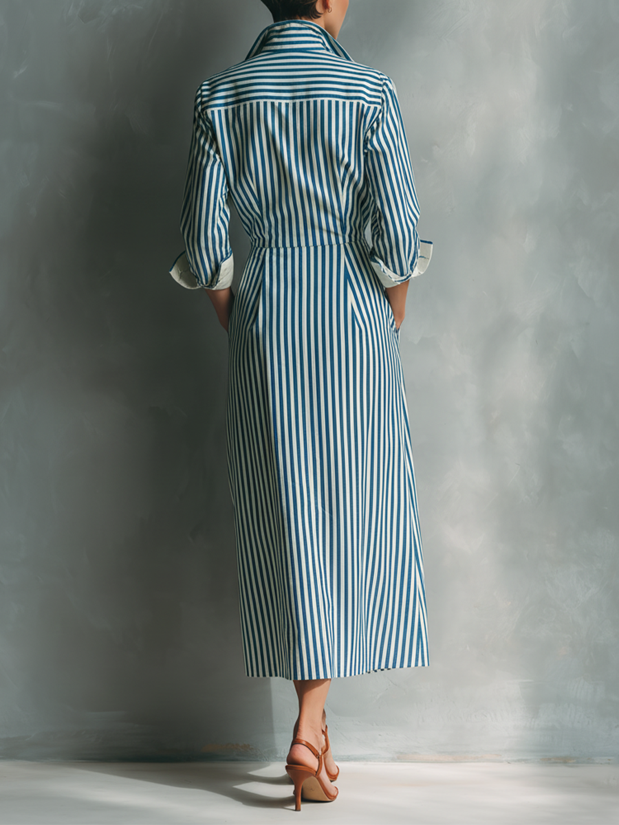 women's Blue And White Cotton Blend Striped Shirt Dress