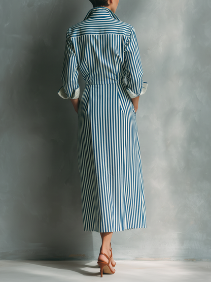 women's Blue And White Cotton Blend Striped Shirt Dress