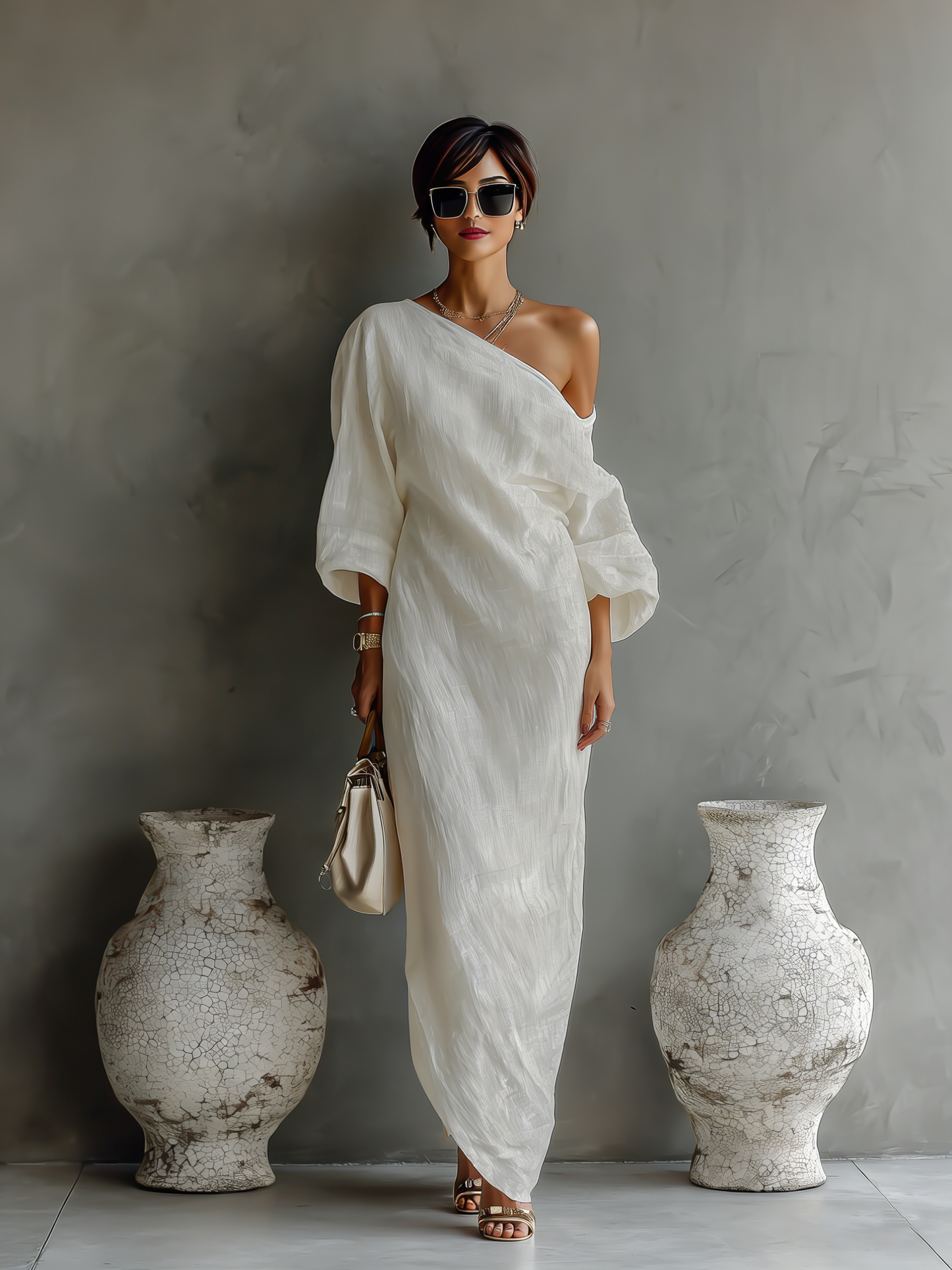 Ivory Cotton-Linen One-Shoulder Flowing Dress