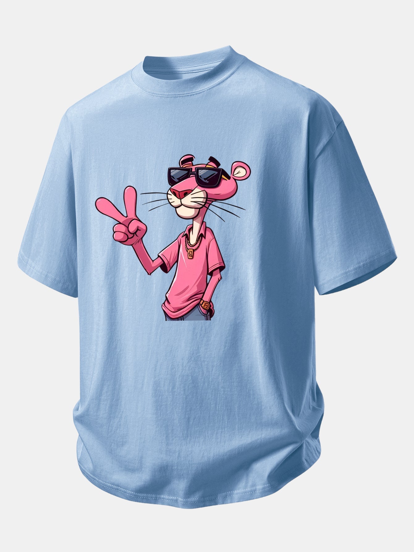 Relax Fit Pink Panther With V Sign Print Cotton T-Shirt