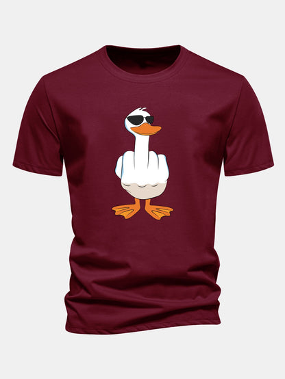 Regular Fit Funny Middle Finger Duck Print Cotton T-Shirt