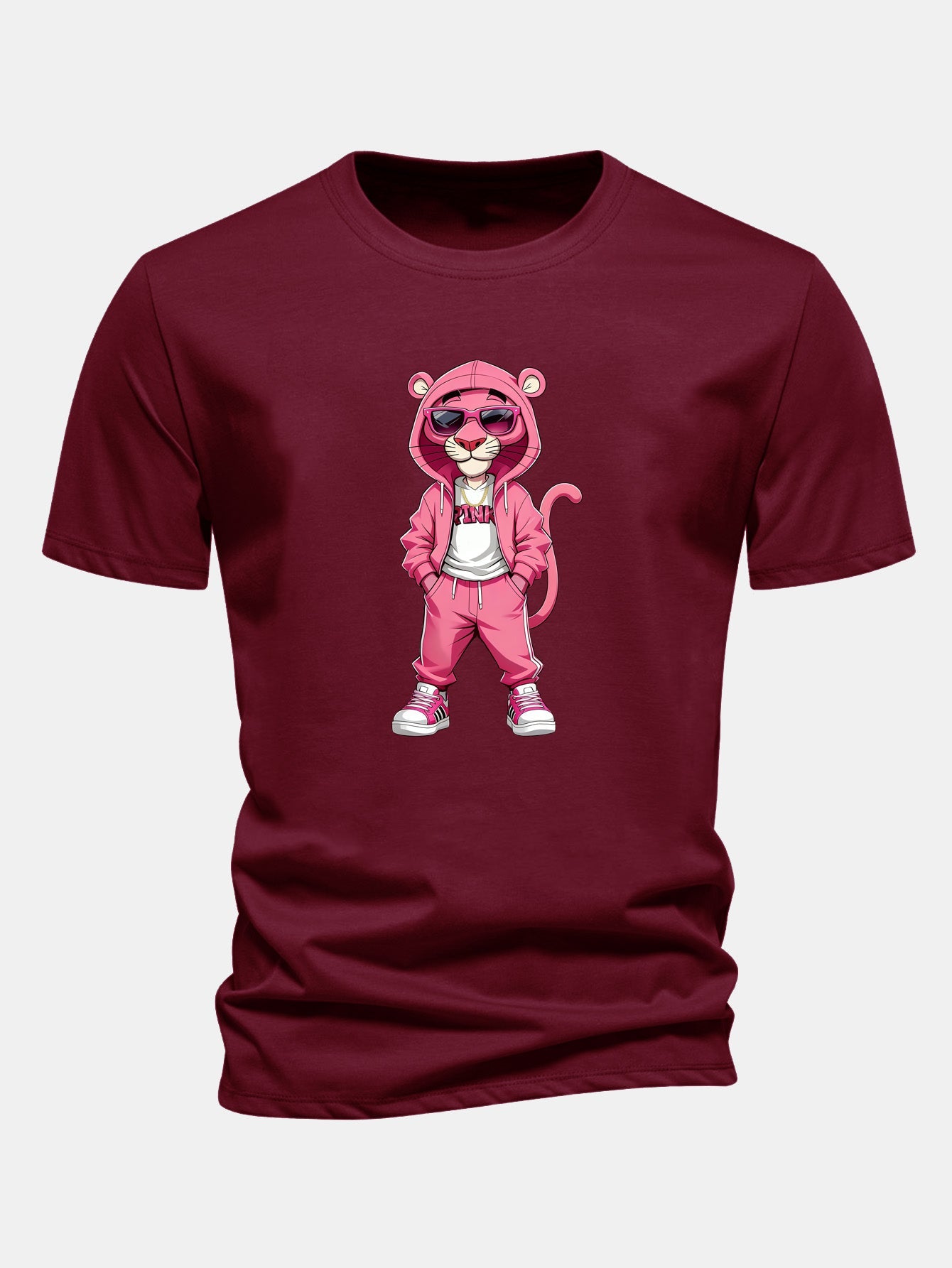 Regular Fit Street Fashion Pink Panther Print Cotton T-Shirt