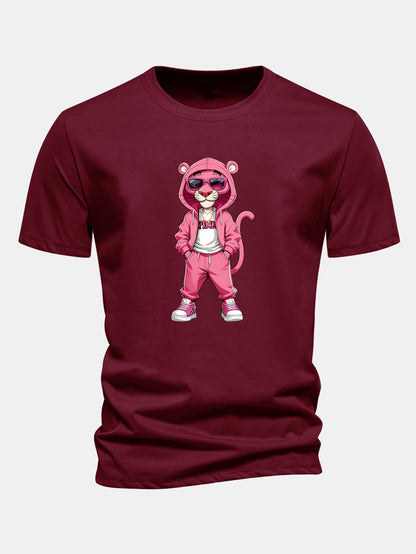 Regular Fit Street Fashion Pink Panther Print Cotton T-Shirt