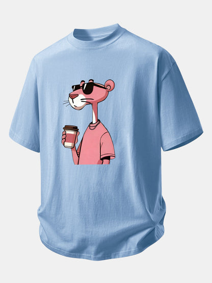 Relax Fit Pink Panther Drinking Coffee Print Cotton T-Shirt