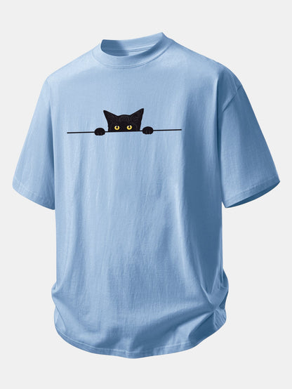 Relax Fit Black Cat Print Cotton T-Shirt
