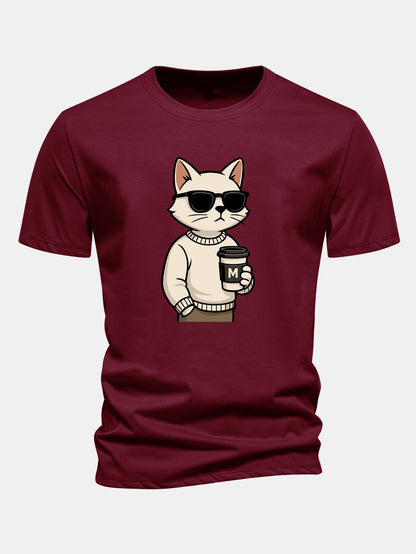 Regular Fit Cat Drinking Coffee Print Cotton T-Shirt